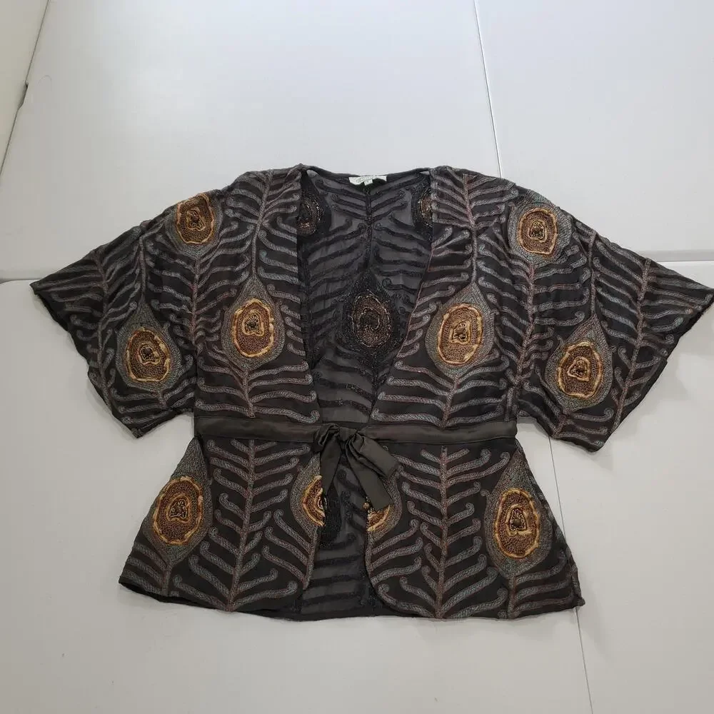 Elegant Black and Gold Beaded Women's Jacket with Peacock Feather Pattern - Picture 1 of 10